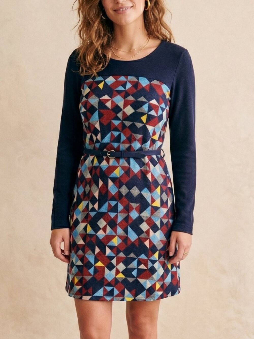 Yumi Scandi Geometric Print Belted Long Sleeve Dress Size M (UK 12)